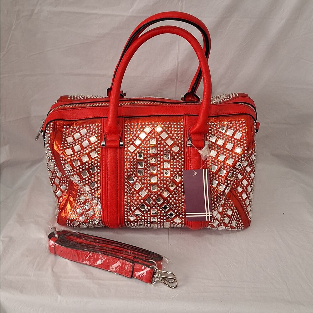 Y2K-style Red Rhinestone Duffle Satchel Bag